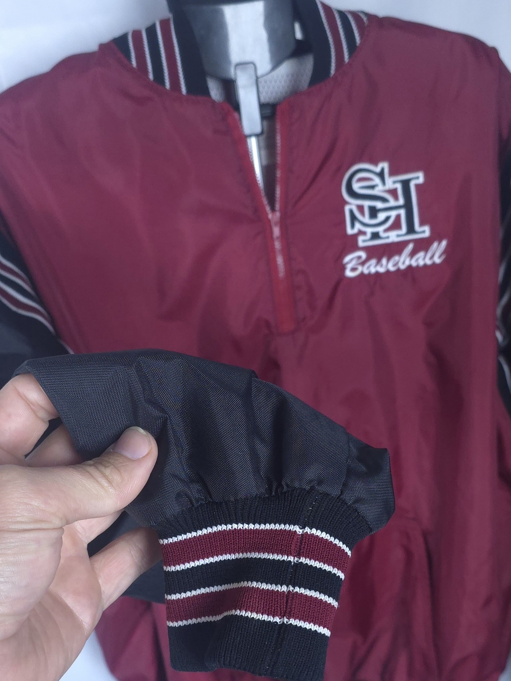VTG DeLONG Varsity Windbreaker Jacket Mens XL Maroon Black V-Neck Baseball 90s - Picture 4 of 12